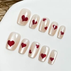 Red Heart Sparkling Press On Nail Art 10 pc reusable short length NWT Glossy